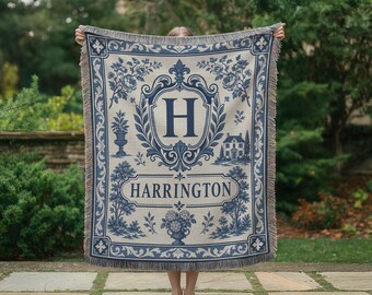 Personalized French Toile Family Crest Blanket, Custom Monogram Surname Woven Throw, Heritage Housewarming Gift BLAN0134