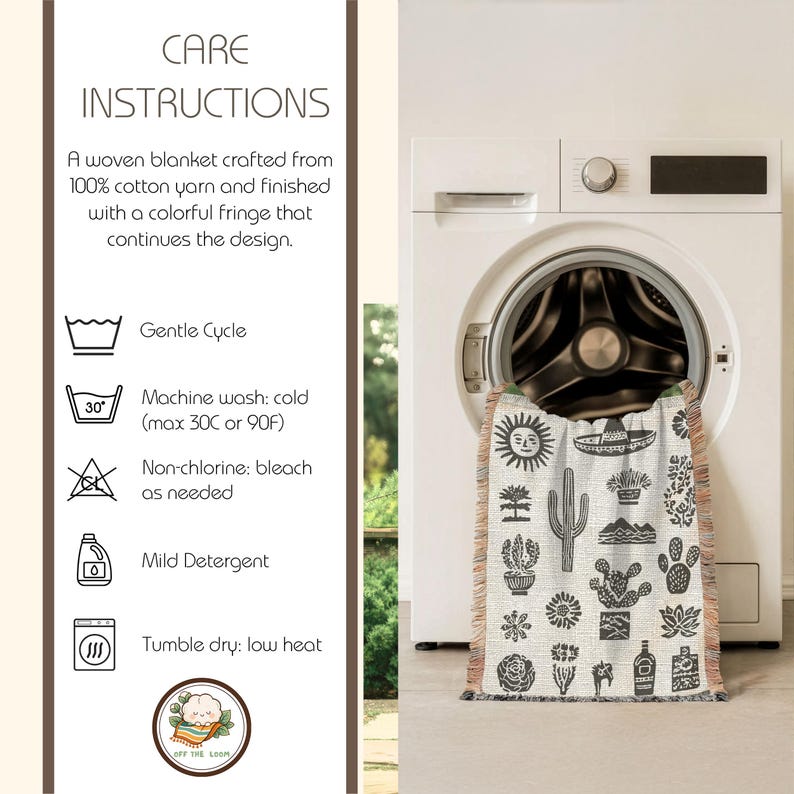 May include: A woven cotton blanket with a black and white cactus and sun design, displayed in front of a washing machine. The blanket has a colorful fringe and care instructions are visible.
