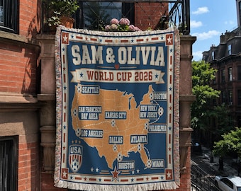 Personalized Soccer Summer 2026 Woven Cotton Blanket, Sam & Olivia Host City Map Fan Keepsake Throw BLAN0707