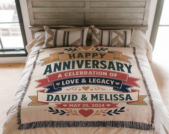 Personalized Anniversary Blanket, Happy Anniversary Couple Names Date Woven Throw, Love and Legacy Keepsake Gift BLAN0207