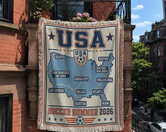Soccer Summer 2026 Woven Cotton Blanket, USA Host City Map Fan Throw, Game Day Soccer Keepsake BLAN0705