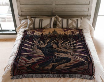 Rogue Assassin Fantasy Gaming Woven Blanket, Dark Ninja Battle Tapestry, Action RPG Warrior Throw BLAN0811