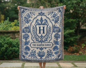 Personalized Heritage Family Crest Blanket, Blue Toile Monogram Estate Woven Throw, Surname Housewarming Gift BLAN0143