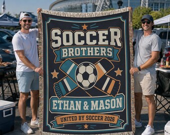 Personalized Soccer Brothers Woven Blanket, Custom Name Soccer Throw, Game Day Decor Gift 2026 BLAN0775