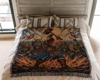 Barbarian Fantasy Gaming Woven Blanket, Dark Battle Wall Tapestry, RPG Warrior Throw BLAN0810