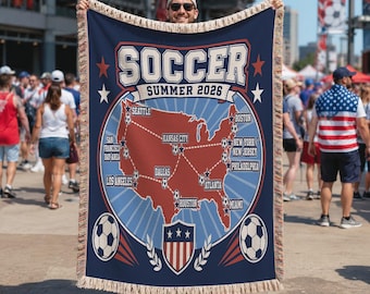 Soccer Summer 2026 Woven Cotton Blanket, USA Host City Map Game Day Fan Throw with Stadium Style Badge Art BLAN0701