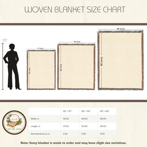 May include: A woven blanket size chart displays three blanket sizes: 52" x 37", 60" x 50", and 80" x 60". Each blanket is rectangular with a cream-colored center and fringed edges. The chart includes measurements in inches and a size tolerance.