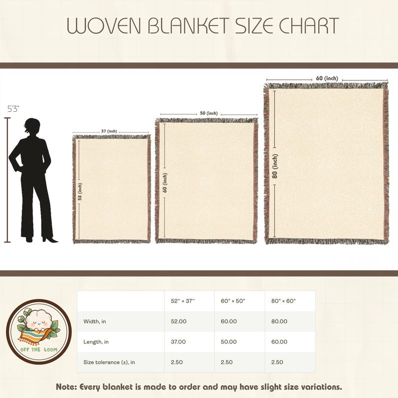 May include: A woven blanket size chart displays three blanket sizes: 52" x 37", 60" x 50", and 80" x 60". Each blanket is rectangular with a cream-colored center and fringed edges. The chart includes measurements in inches and a size tolerance.