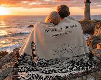 Personalized Lighthouse Wedding Blanket, Coastal Wedding Gift, Custom Couple Names & Date, Beach Wedding Woven Throw BLAN0010