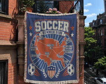 Soccer Summer 2026 Woven Cotton Blanket, USA Host City Map Game Day Fan Throw with Stadium Style Badge Art BLAN0701
