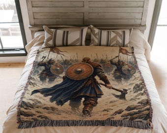 Viking Warrior Fantasy Gaming Woven Blanket, Snowy Battle Tapestry Throw for RPG Gamer Wall Decor BLAN0814