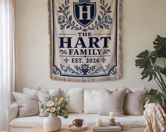 Personalized Family Name Blanket, Blue Toile Monogram Crest Woven Throw, Custom Surname Est Year Housewarming Gift BLAN0160