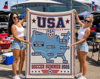 Soccer Summer 2026 Woven Cotton Blanket, USA Host City Map Fan Throw, Game Day Soccer Keepsake BLAN0705