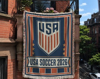 USA Emblem Soccer 2026 Banner Woven Blanket, Soccer Watch Party, Game Day Decor BLAN0794