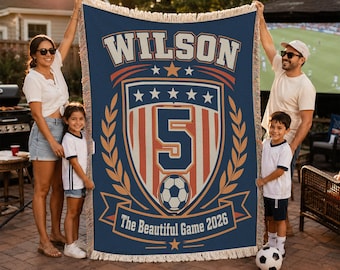 Personalized USA Soccer Jersey WILSON 5 Woven Blanket, Custom Name Soccer Throw, Soccer Fan Gift 2026 BLAN0766