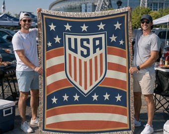 USA Emblem Stars & Stripes Woven Blanket, Soccer Fan Keepsake, Game Day Decor BLAN0791
