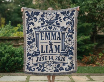 Personalized Wedding Blanket, Couple Names Date Neoclassical Woven Throw, Custom Anniversary Keepsake Gift BLAN0153