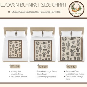 May include: A woven blanket size chart displays three blankets with desert-themed designs on beds. The blankets are beige with black illustrations of cacti, suns, and sombreros. Sizes include 37" x 52", 50" x 60", and 60" x 80".