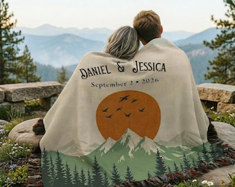 Personalized Mountain Sunset Woven Blanket, Forest Landscape Throw, Outdoor Nature Blanket, Hiking Cabin Decor Adventure Lover Gift BLAN0085