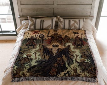 Necromancer Fantasy Gaming Woven Blanket, Dark Undead Army Battle Tapestry for RPG Dungeon Decor BLAN0813