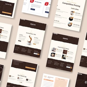 Może przedstawiać: Zbiór makiet stron internetowych o tematyce kawowej. Projekty charakteryzują się brązowo-beżową kolorystyką, z tekstem i obrazami związanymi z kawą, w tym "Fresh & Organic Beans" i "Competitive Pricing". Widoczne jest słowo "KOPPEE".