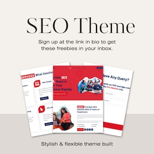 Könnte beinhalten: Ein Bild mit dem Text "SEO Theme" und dem Aufruf "Sign up at the link in bio to get these freebies in your inbox." Das Bild zeigt drei Website-Mockups mit roten und weißen Designelementen.