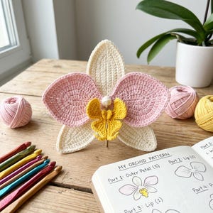 Może przedstawiać: Ręcznie robiony szydełkowy kwiat orchidei w odcieniach różu, kremu i żółci, z kulkami przędzy i szydełkami. Widoczny jest również notatnik z napisem "MY ORCHID PATTERN".