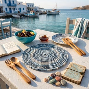 Pode incluir: Uma mesa montada ao ar livre com vista para o mar. Apresenta um sousplat de crochê azul e branco, utensílios de madeira, uma tigela de azeitonas e um pequeno caderno. Um prato com um desenho floral azul e um pequeno pote de geleia também estão na mesa.