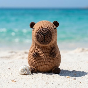 May include: A brown crocheted capybara figurine with dark brown ears, paws, and a stitched nose and mouth, positioned next to a small, iridescent white spiral seashell on a sandy surface with a blurred turquoise ocean in the background.