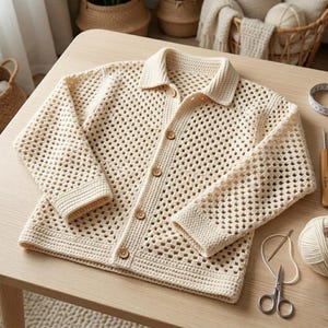 Puede incluir: Cárdigan de crochet color crema con tejido abierto, cuello y mangas largas. El cárdigan tiene botones de madera y se muestra sobre una superficie de madera clara. Se ven suministros de crochet, como tijeras e hilo.