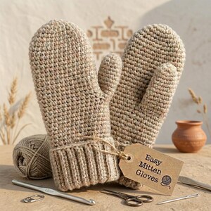 May include: A pair of beige crocheted mittens with a ribbed cuff, tied together with twine and a tag that reads "Easy Mitten Gloves." A ball of yarn, crochet hooks, and scissors are also visible.