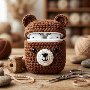 以下が含まれることがあります： 茶色の、かぎ針編みで作られたクマの形をしたワイヤレスイヤホンケース。ケースには、黒い目と黒い鼻が付いた白い顔があります。上部は開いており、白いイヤホンが見えます。ケースは木製の表面に置かれています。