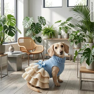 May include: A light-colored dachshund dog wearing a light blue knitted sweater and a cream-colored crochet skirt with a light blue bow. The dog is in a room with plants and a wooden floor.