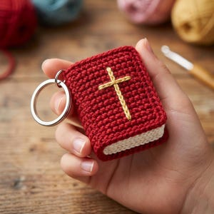 May include: A small, crocheted red book-shaped keychain with a gold cross on the front. The keychain has a silver ring and a cream-colored edge, resembling pages. The item is held in a hand.