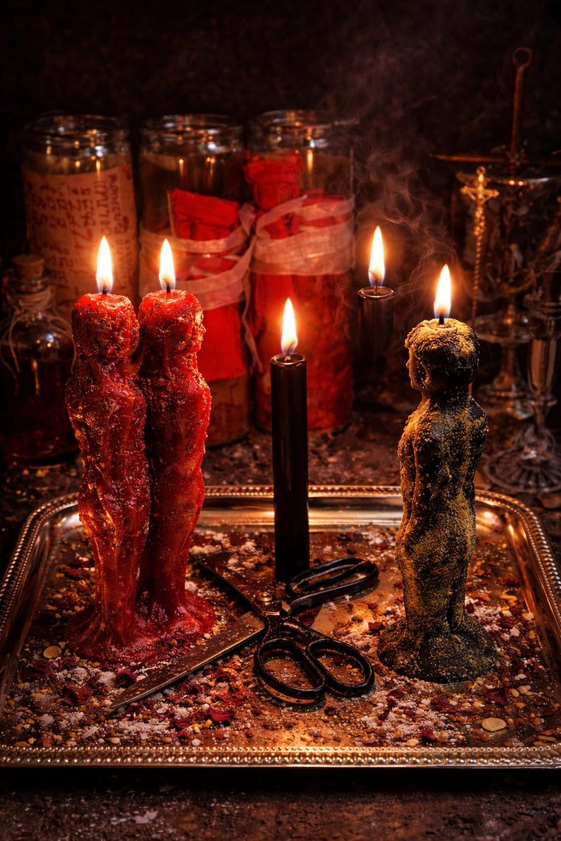 May include: Two red human-shaped candles, one black human-shaped candle with gold dust, and one thin black taper candle are lit on a silver tray. A pair of black metal scissors lies between the candles, surrounded by scattered dried herbs and petals.