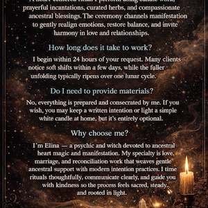 May include: A dark, starry-themed informational graphic titled Q&A with text detailing ritual services. The design features a glowing candle, a crystal ball, and quartz points at the bottom. The text includes sections on ritual methods, timing, materials, and practitioner background.