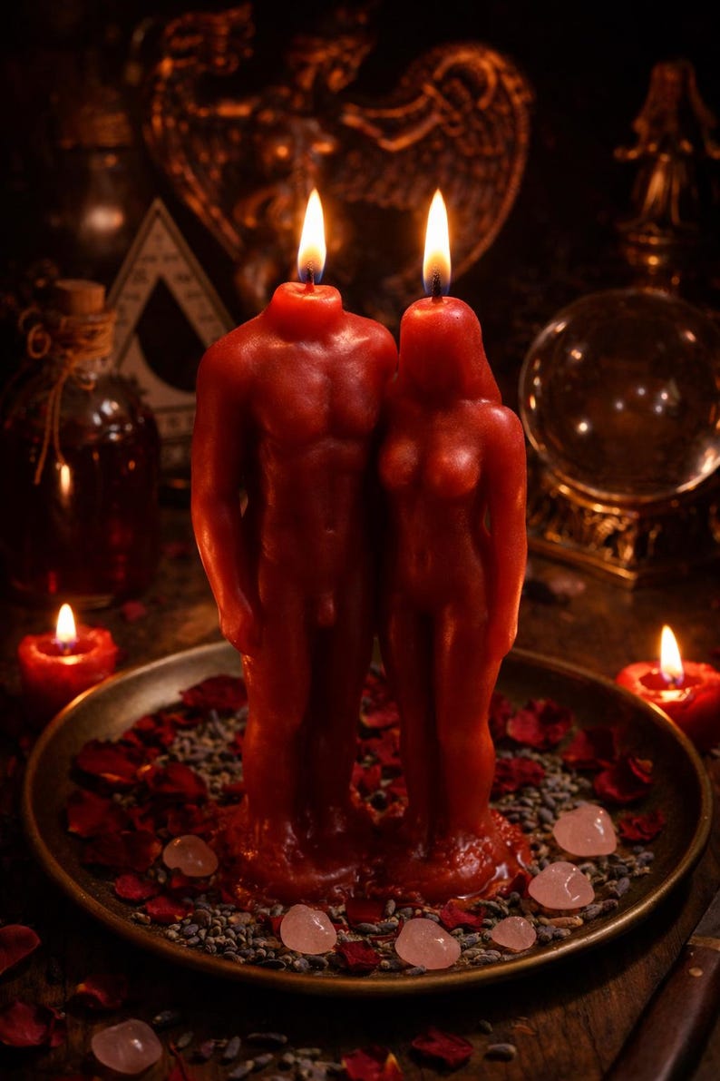 May include: Two red wax candles shaped like human figures standing side by side on a round metal tray. Each candle has a lit wick at the top. The tray is decorated with scattered dried rose petals, small grey seeds, and smooth light pink stones.