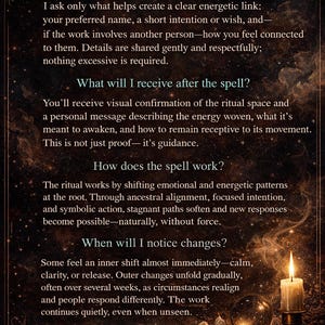 May include: A dark, starry-themed informational card titled Q&A with text detailing spell services. The bottom right features a lit candle, a crystal ball, and two quartz points. The text explains requirements, ritual outcomes, and timing for spiritual work.