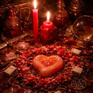 May include: A heart-shaped pink wax object sits in the centre of a circle of dried red flower petals. Two red candles are lit behind the heart, surrounded by glass bottles, a crystal ball, a metal dagger, and a small metal pentagram charm.