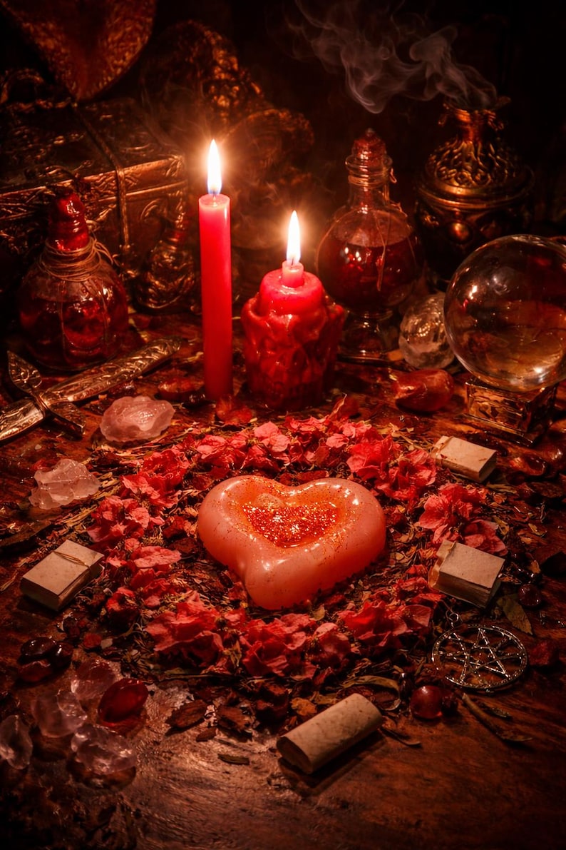 May include: A heart-shaped pink wax object sits in the centre of a circle of dried red flower petals. Two red candles are lit behind the heart, surrounded by glass bottles, a crystal ball, a metal dagger, and a small metal pentagram charm.