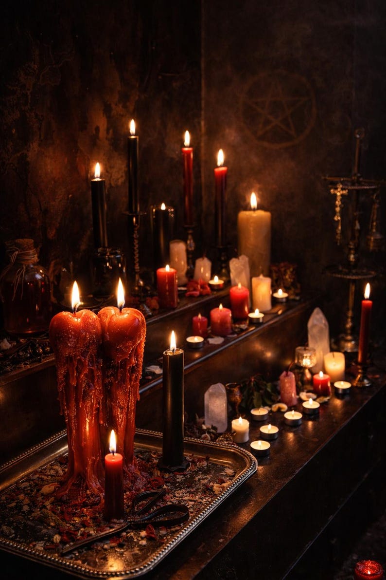 May include: A collection of numerous lit candles in various sizes and colours, including deep red and black, arranged on tiered surfaces. Two large, thick red candles with heavy wax drips sit on a silver tray alongside a thin red candle.