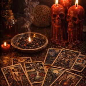 May include: A collection of tarot cards spread out on a surface alongside three red skull-shaped candles with lit wicks, a small bowl containing burning incense emitting smoke, and a glass bottle, creating a dark and atmospheric arrangement.