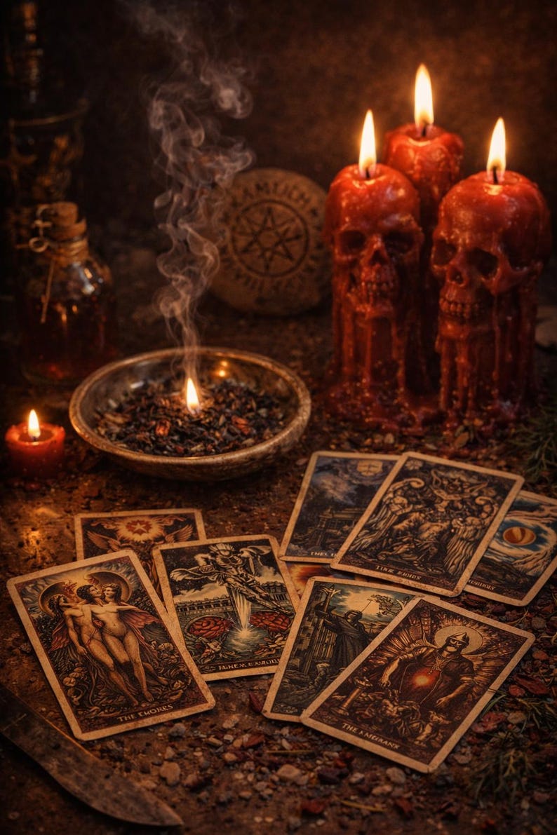 May include: A collection of tarot cards spread out on a surface alongside three red skull-shaped candles with lit wicks, a small bowl containing burning incense emitting smoke, and a glass bottle, creating a dark and atmospheric arrangement.