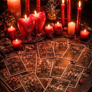 May include: A collection of tarot cards with dark, intricate illustrations spread across a surface, surrounded by numerous red candles of varying shapes and sizes, including heart-shaped and skull-shaped candles, with a small incense burner emitting smoke.