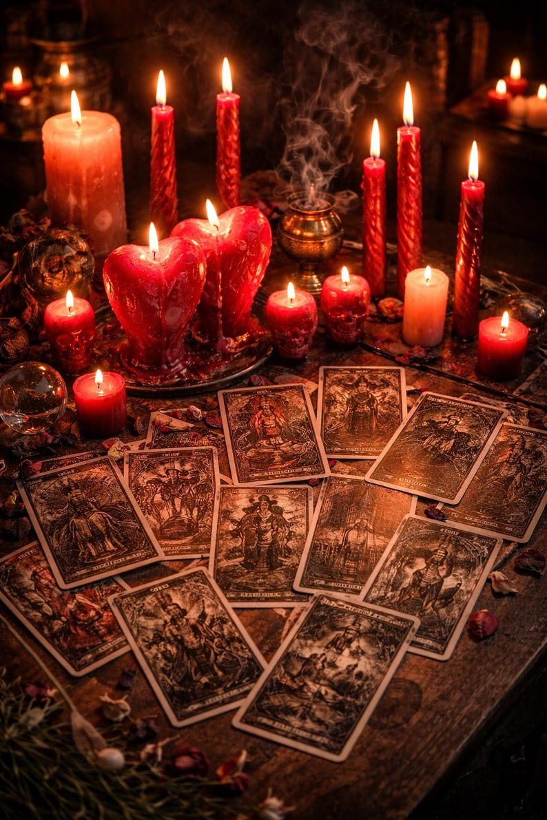May include: A collection of tarot cards with dark, intricate illustrations spread across a surface, surrounded by numerous red candles of varying shapes and sizes, including heart-shaped and skull-shaped candles, with a small incense burner emitting smoke.