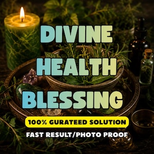 Puede incluir: Una vela verde texturizada, un cuenco lleno de hierbas verdes y pequeñas botellas de vidrio sobre una bandeja. El texto dice DIVINE HEALTH BLESSING, 100% GURATEED SOLUTION y FAST RESULT/PHOTO PROOF en letras azules, amarillas y blancas.