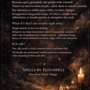 May include: A dark, starry-themed informational graphic titled Q&A with text regarding spellwork, including sections on post-spell care, timing, and safety. At the bottom, it reads SPELLS BY ELINASPELL Ancestral Heart Magic, with a candle and crystal.