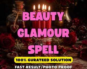May include: A cluster of five red pillar candles with lit wicks, tied with twine and a heart charm. The text reads: BEAUTY GLAMOUR SPELL, 100% GURATEED SOLUTION, FAST RESULT/PHOTO PROOF. Red roses and a glass bottle are visible in the dark background.