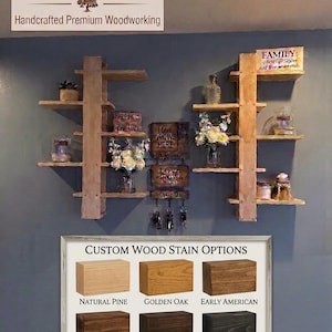 May include: Wooden wall shelves with decorative items, including vases and small plants. The image also displays a color chart with wood stain options: Natural Pine, Golden Oak, Early American, Classic Walnut, Dark Walnut, and Charcoal Black.