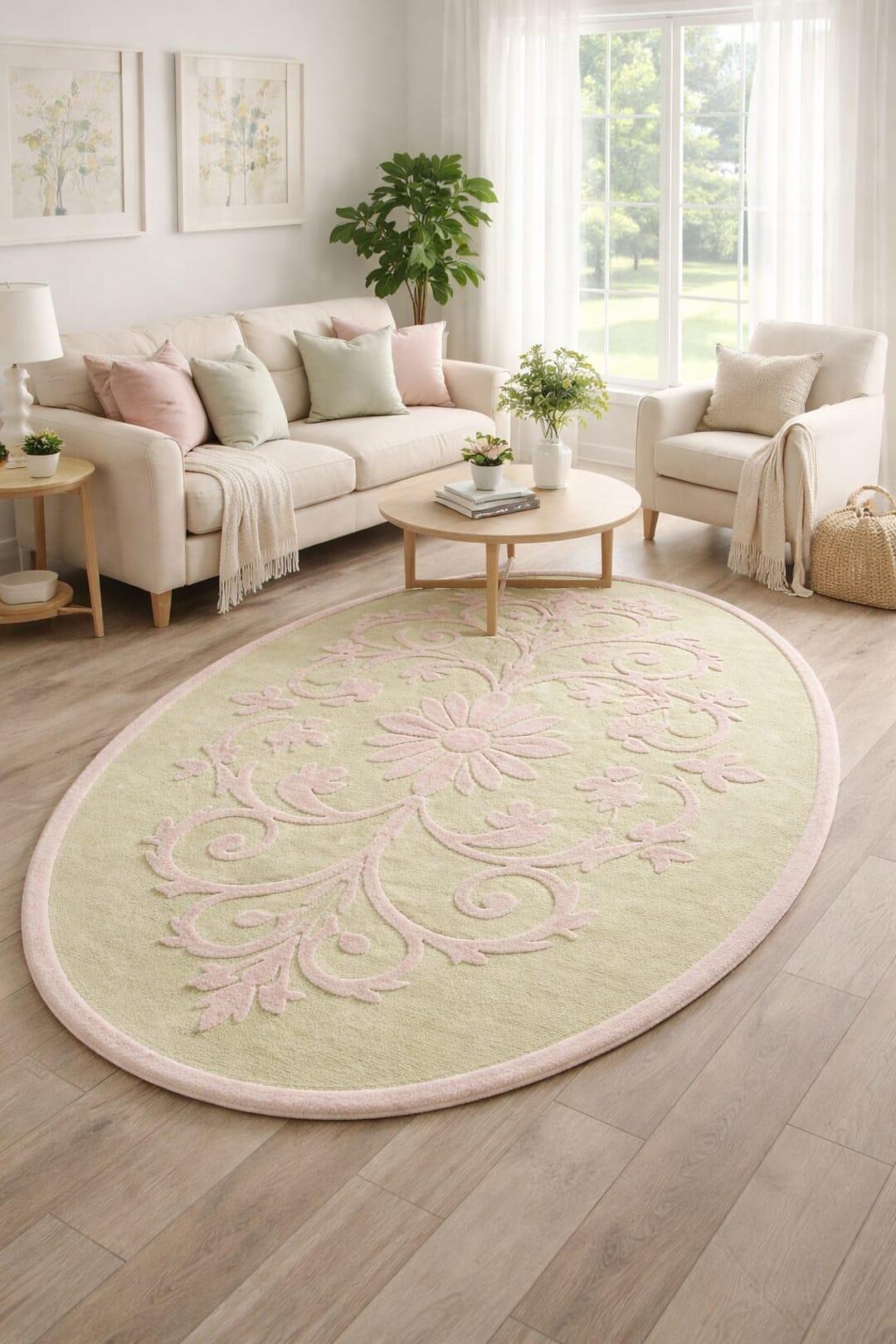 Pastel Floral Oval Rug – Soft Green & Blush Pink Hand Tufted Living ...